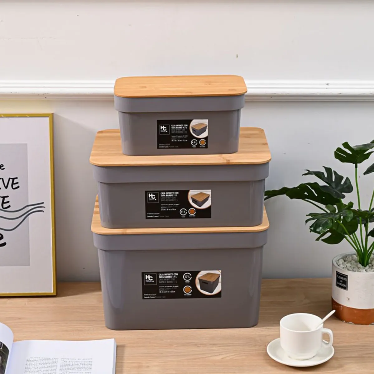 JUST HOME COLLECTION - Canasta Tapa Bambú 17L Gris