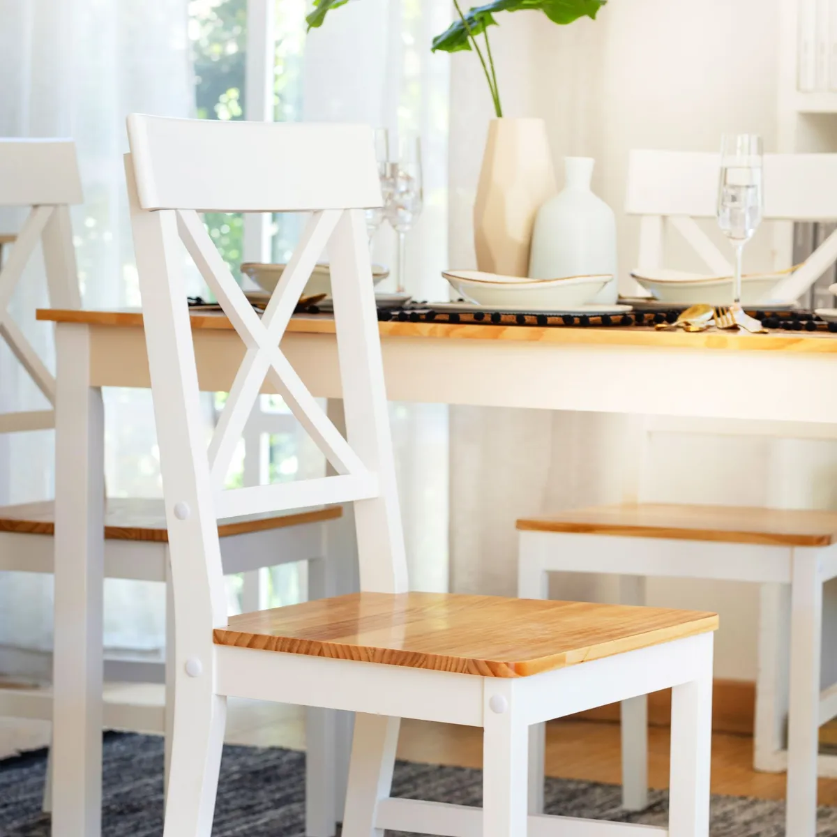 JUST HOME COLLECTION - Juego de Comedor Madera 4 Sillas Blanco Natural
