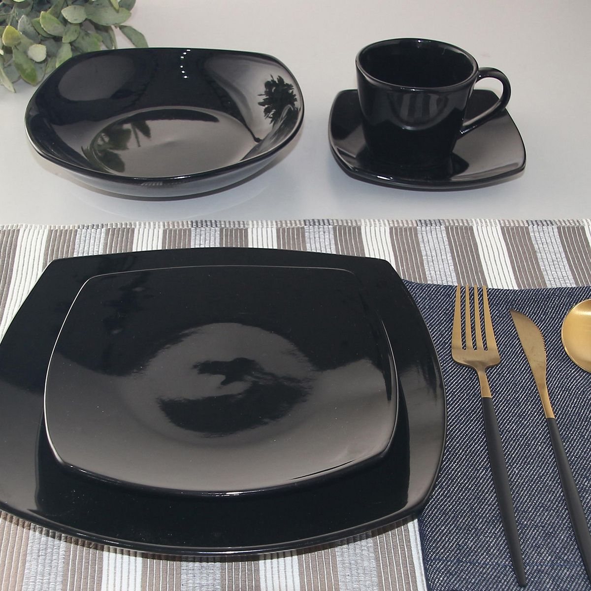 JUST HOME COLLECTION - Juego de Vajillas Cerámico Cuadrado Negro 30 Piezas