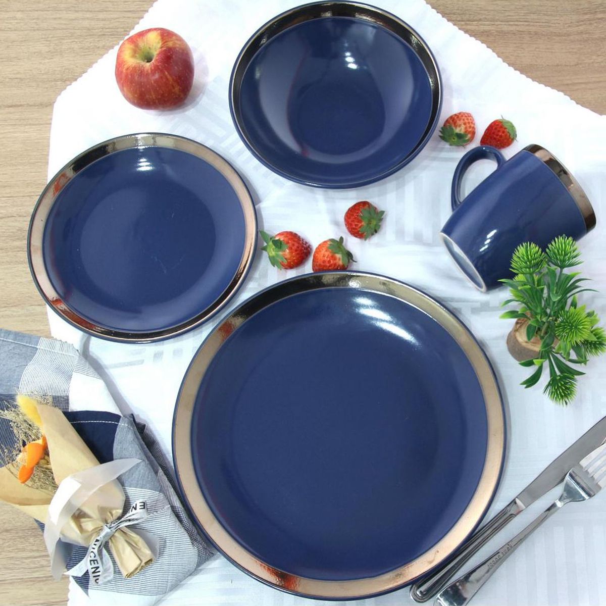 JUST HOME COLLECTION - Juego de vajillas Cerámica Ring Azul 16 Piezas