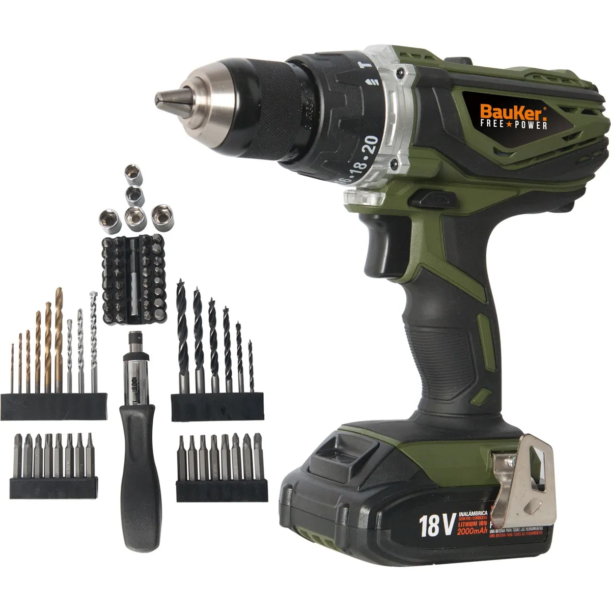 BAUKER - Taladro Percutor Inalámbrico Bauker 18v + Set 70 Accesorios Bauker