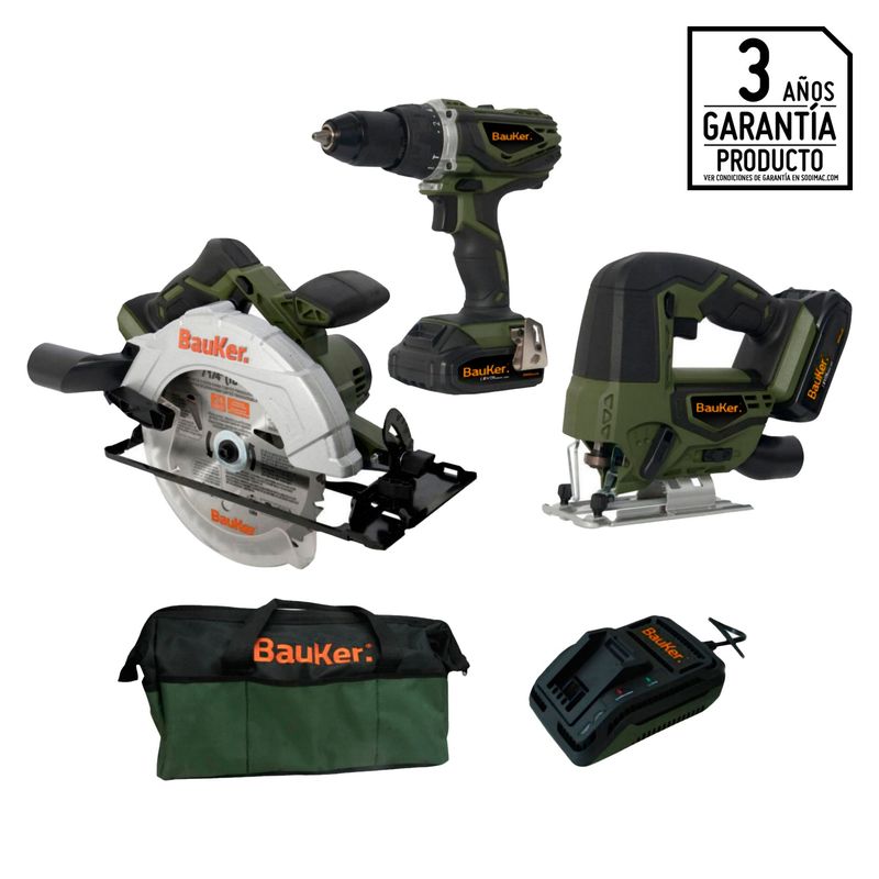 BAUKER - Combo Carpintero Inalámbrico Taladro percutor Bauker ½ 18V + Sierra Circular Bauker 7 ¼ 18v + Sierra Caladora Bauker 18v + Maletín + Cargador + Batería Bauker