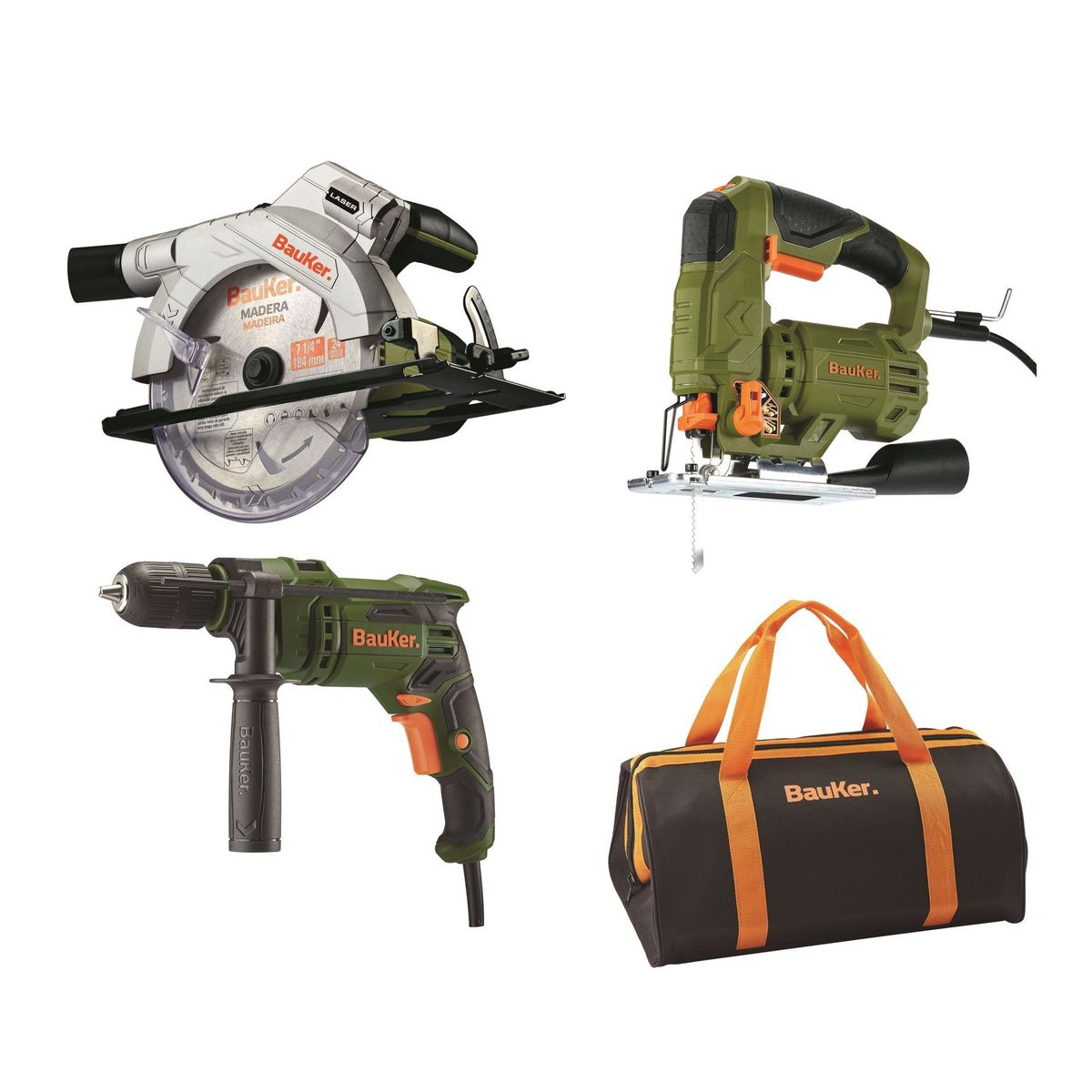 BAUKER - Combo Taladro Percutor Eléctrico Bauker 650W+Sierra circular Bauker 1300W+Sierra De Calar Bauker 600W+ Maletín