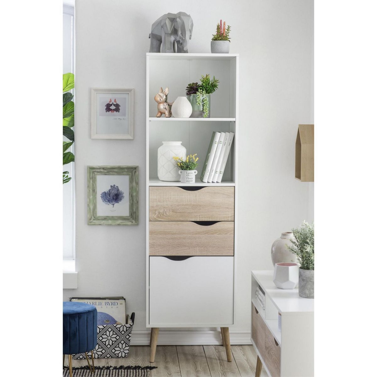 TVILUM - Estante Librero 2 Niveles Oslo Blanco/Roble