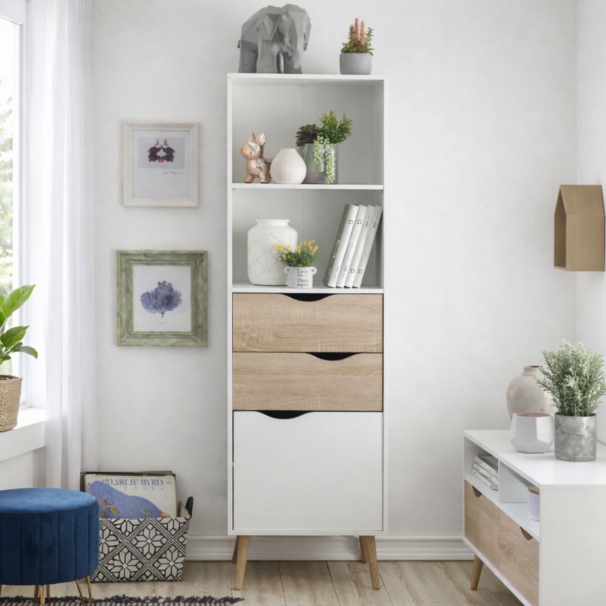 TVILUM - Estante Librero 2 Niveles Oslo Blanco/Roble