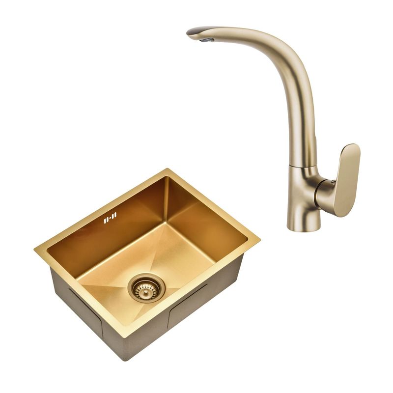 SENSI DACQUA - Lavadero de Cocina Acero Inoxidable 1 Poza Gold 45x58cm + Monomando Cocina  Vittorio Bronce