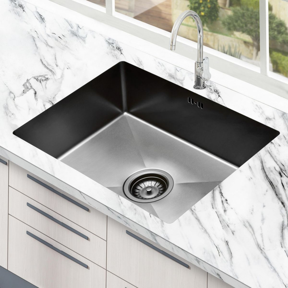 SENSI DACQUA - Lavadero de Cocina Acero Inoxidable 1 Poza Negro 45x58cm