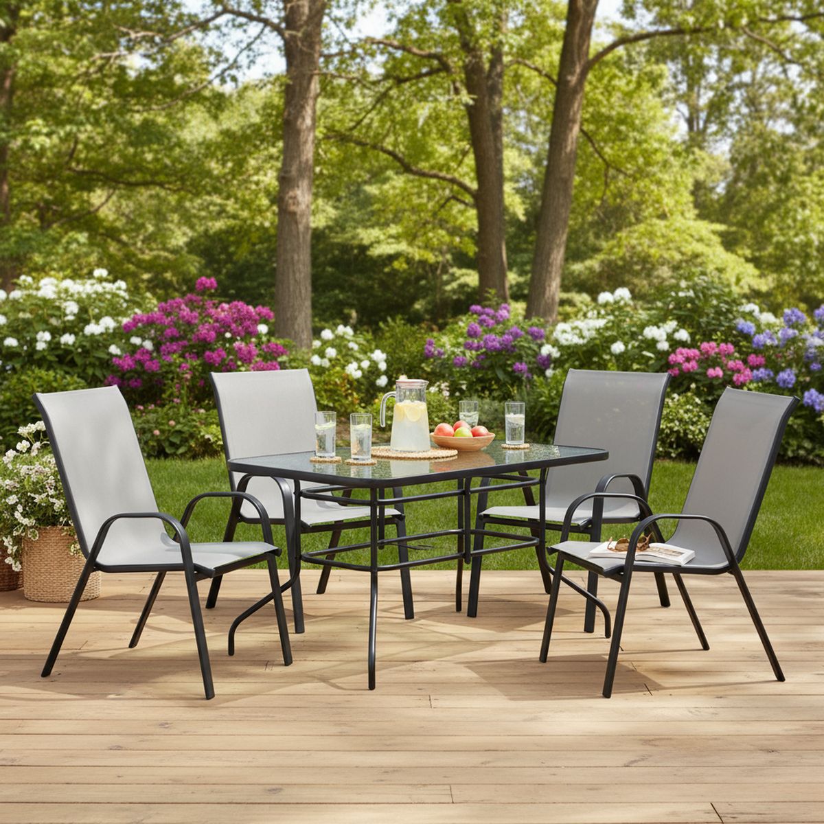 JUST HOME COLLECTION - Juego de comedor Mesa Rectángular con Vidrio 140x90cm + 4 sillas Sling