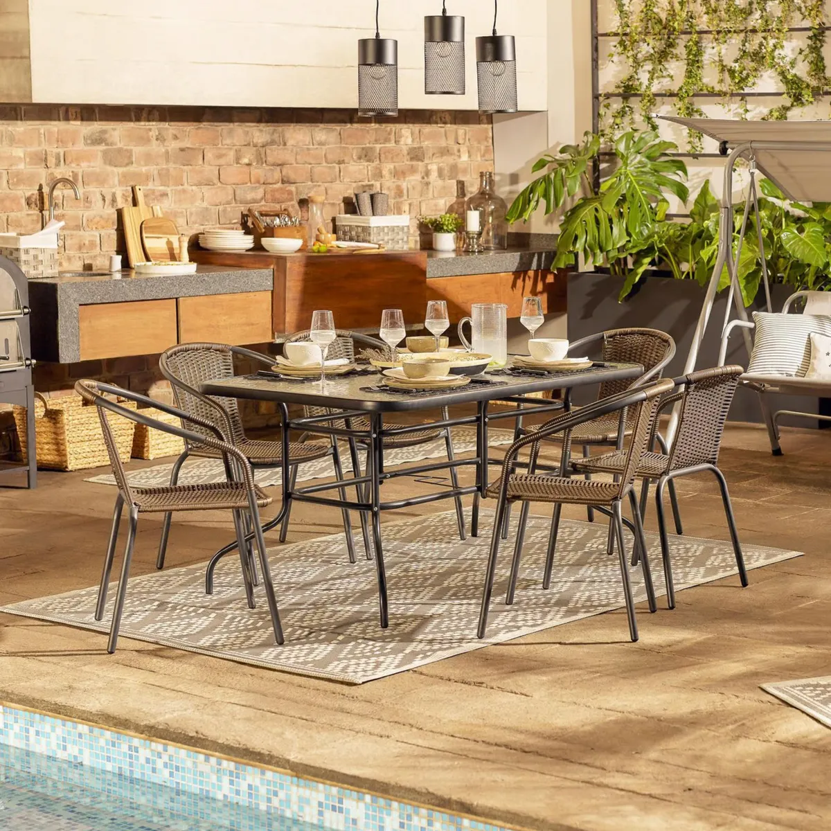 JUST HOME COLLECTION - Juego de comedor mesa de vidrio Rectangular + 06 Sillas Ratán