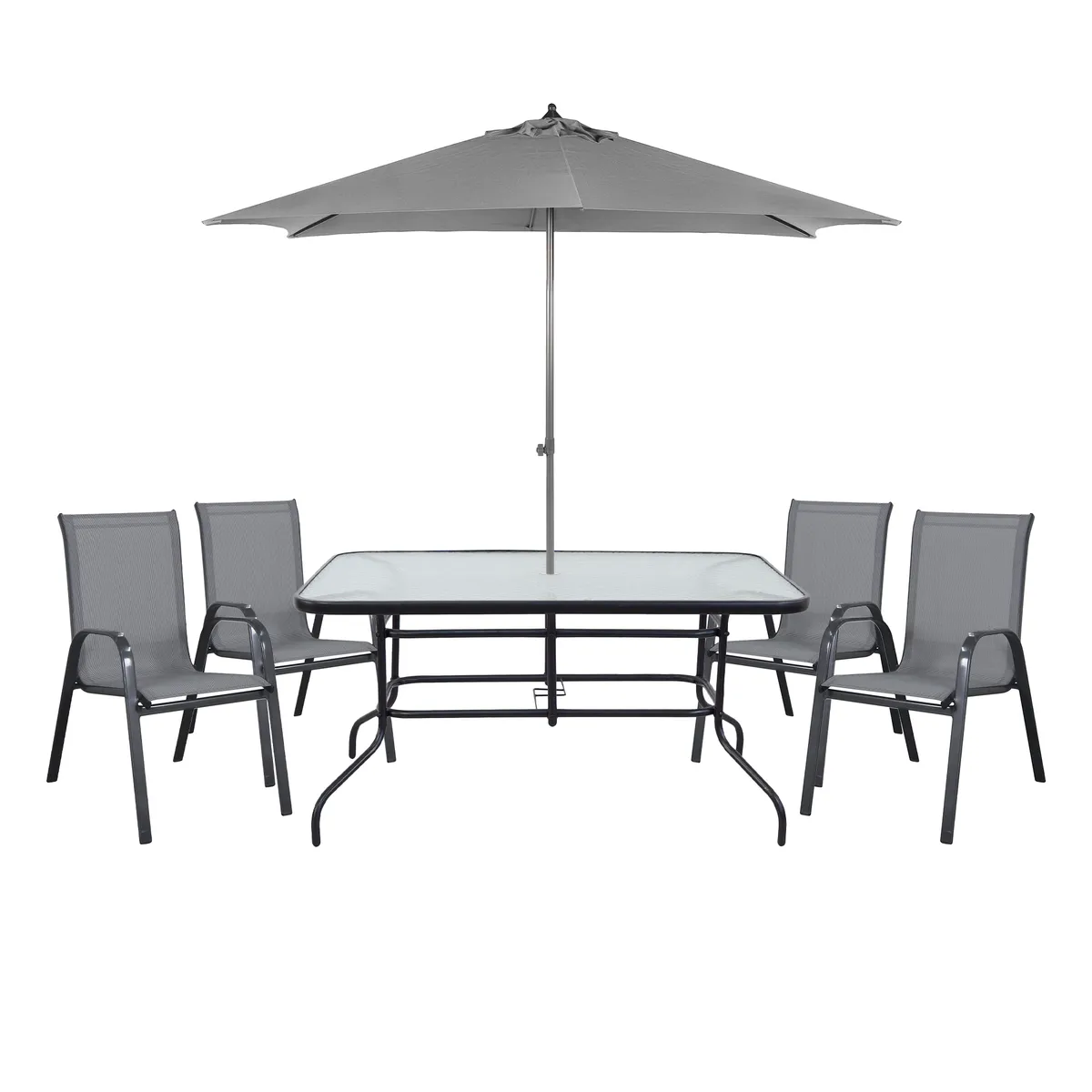 JUST HOME COLLECTION - Mesa Rectángular con Vidrio 140x90cm Negro + Silla Sling Gris de Metal con Textileno + Quitasol Sling Gris 2x3