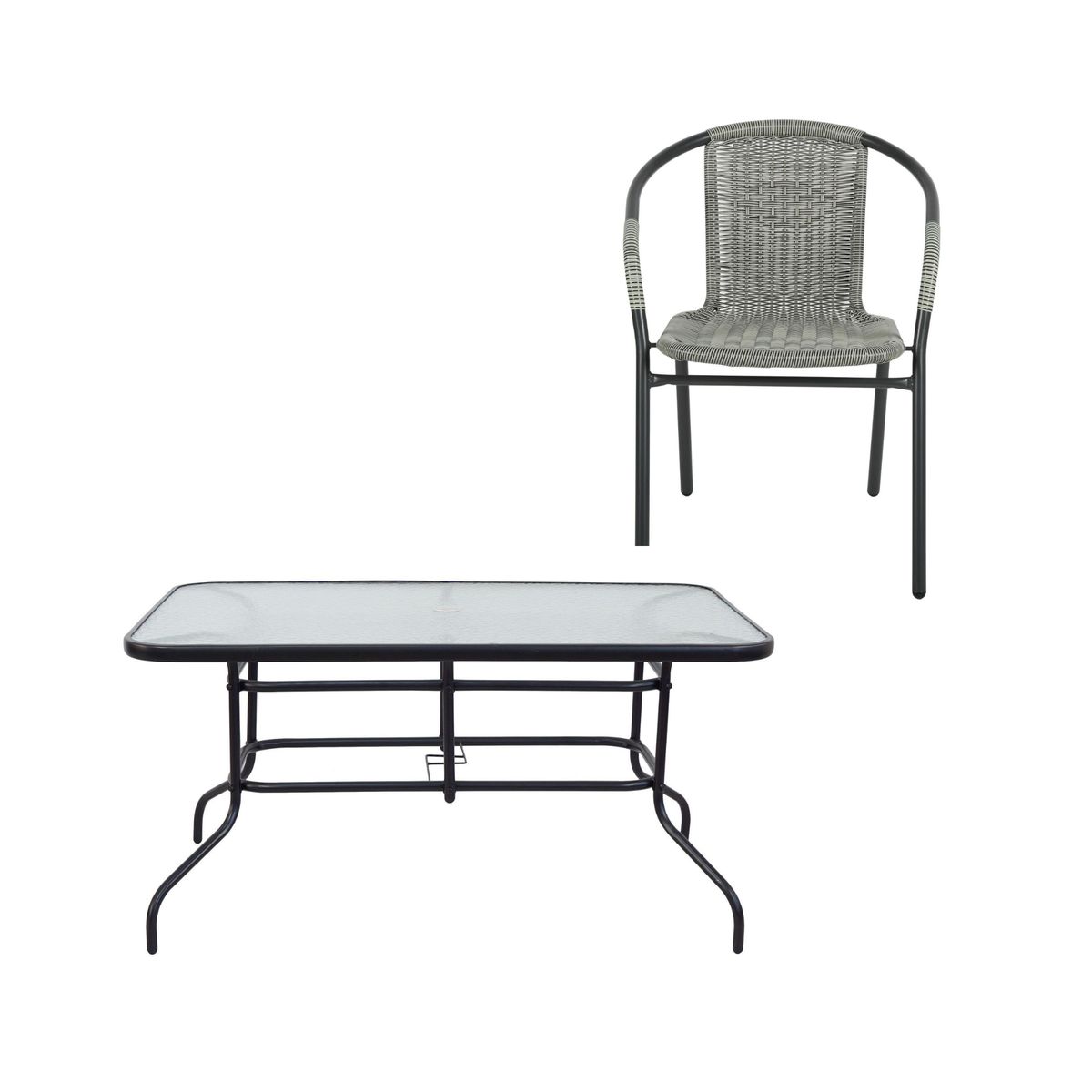 JUST HOME COLLECTION - Juego de comedor - Mesa con Vidrio Negra 140x90CM + 6 Sillas Ratan Gris