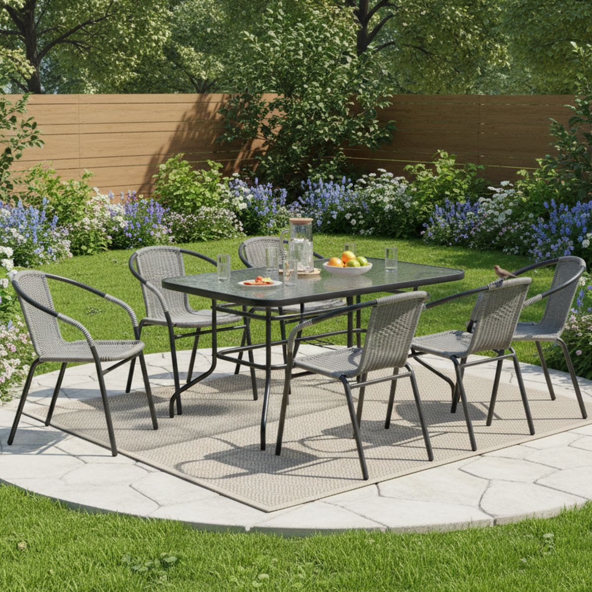 JUST HOME COLLECTION - Juego de comedor - Mesa con Vidrio Negra 140x90CM + 6 Sillas Ratan Gris