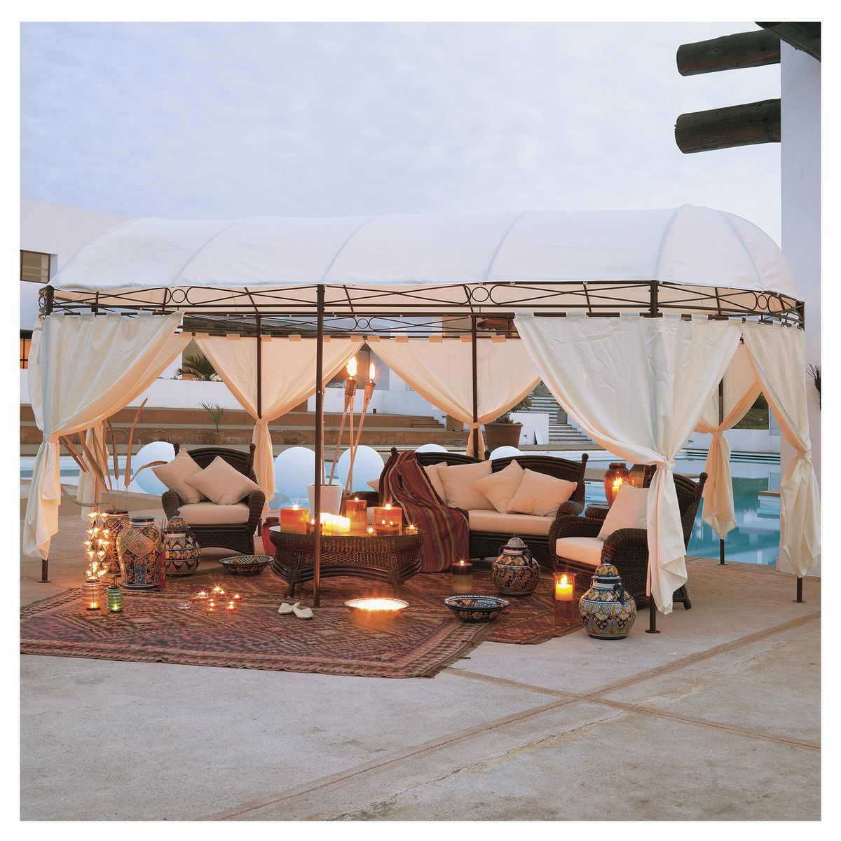 JUST HOME COLLECTION - Pérgola Oval de Metal Blanco 3X6 M con Protección UV