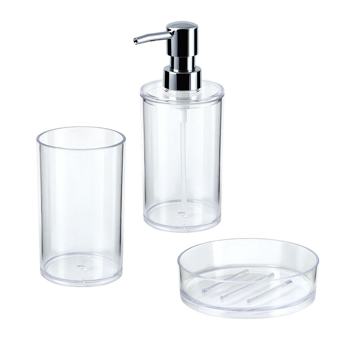 JUST HOME COLLECTION - Pack x3 Dispensador+Vaso+Jabonera Transparente