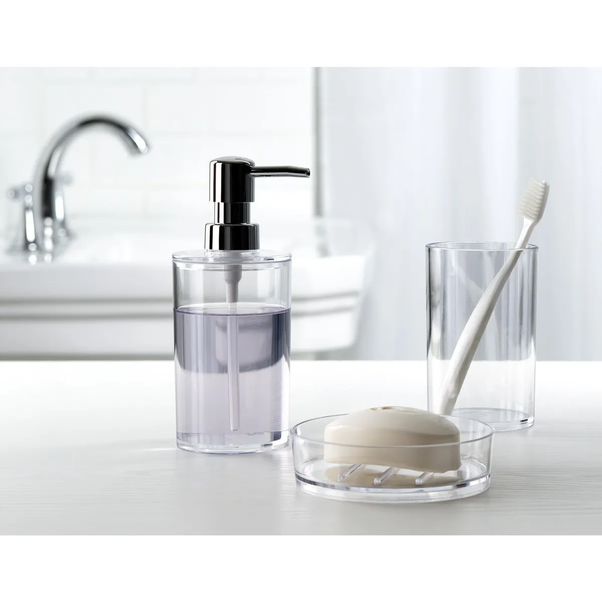 JUST HOME COLLECTION - Pack x3 Dispensador+Vaso+Jabonera Transparente