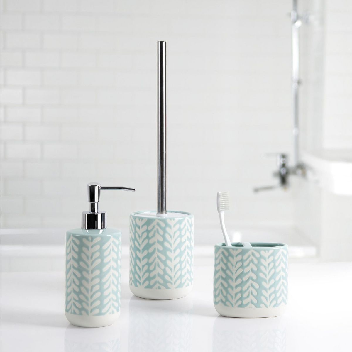 JUST HOME COLLECTION - Set de Baño 3 Piezas Dispensador de Jabón + Portacepillo + Escobilla Inodoro Vine Green