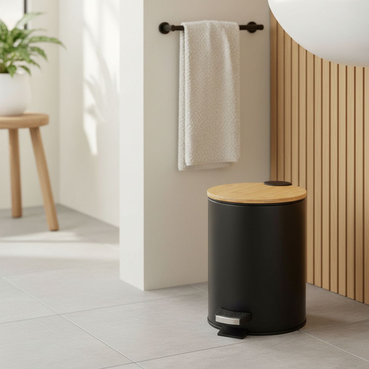 JUST HOME COLLECTION - Papelera de Plástico con Pedal y Tapa Bambú Negra 5L