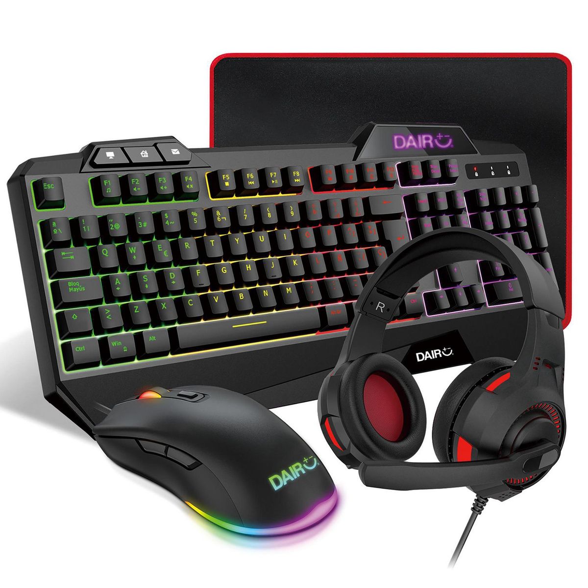 DAIRU - Combo Gaming Teclado + Audífonos + Mouse + Mouse Pad Dairu Negro
