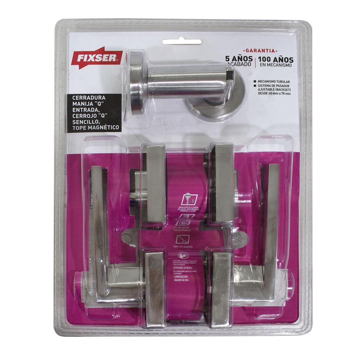 FIXSER - Pack de 2 Cerraduras Manija principal + cerrojo + tope niquel satinado Fixser