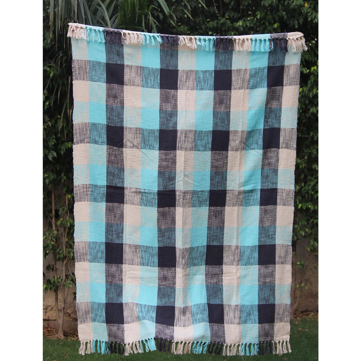 HOMY - Manta Algodón 130x160cm Turquesa/Blanco