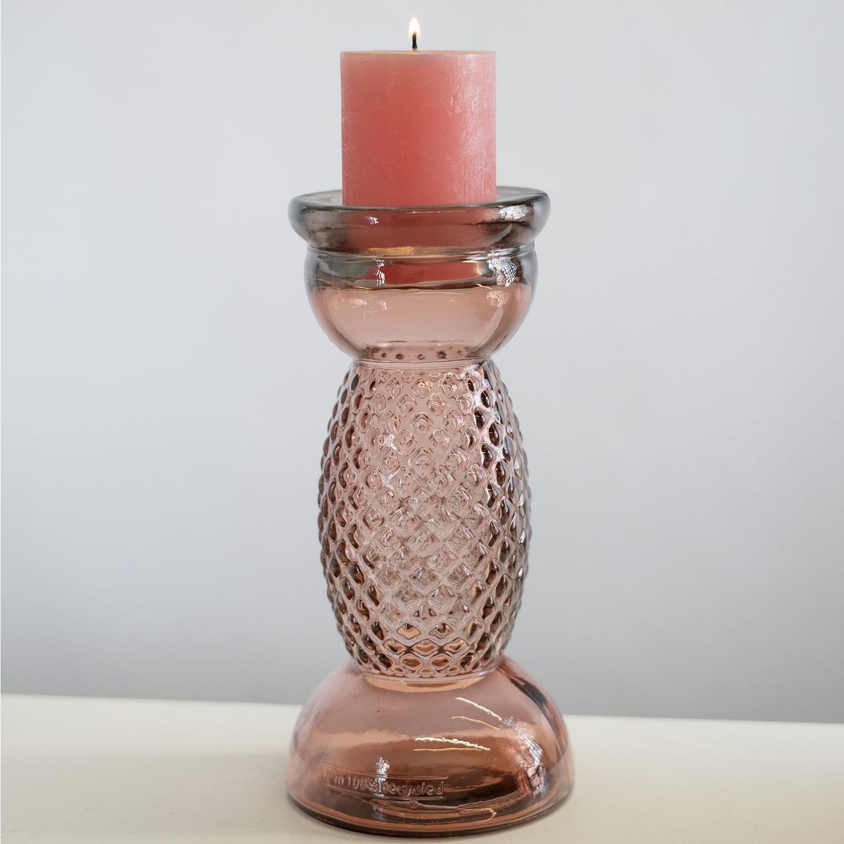 VIDRIOS SAN MIGUEL - Candelabro de Vidrio Reciclado Diamante 27cm Rosado