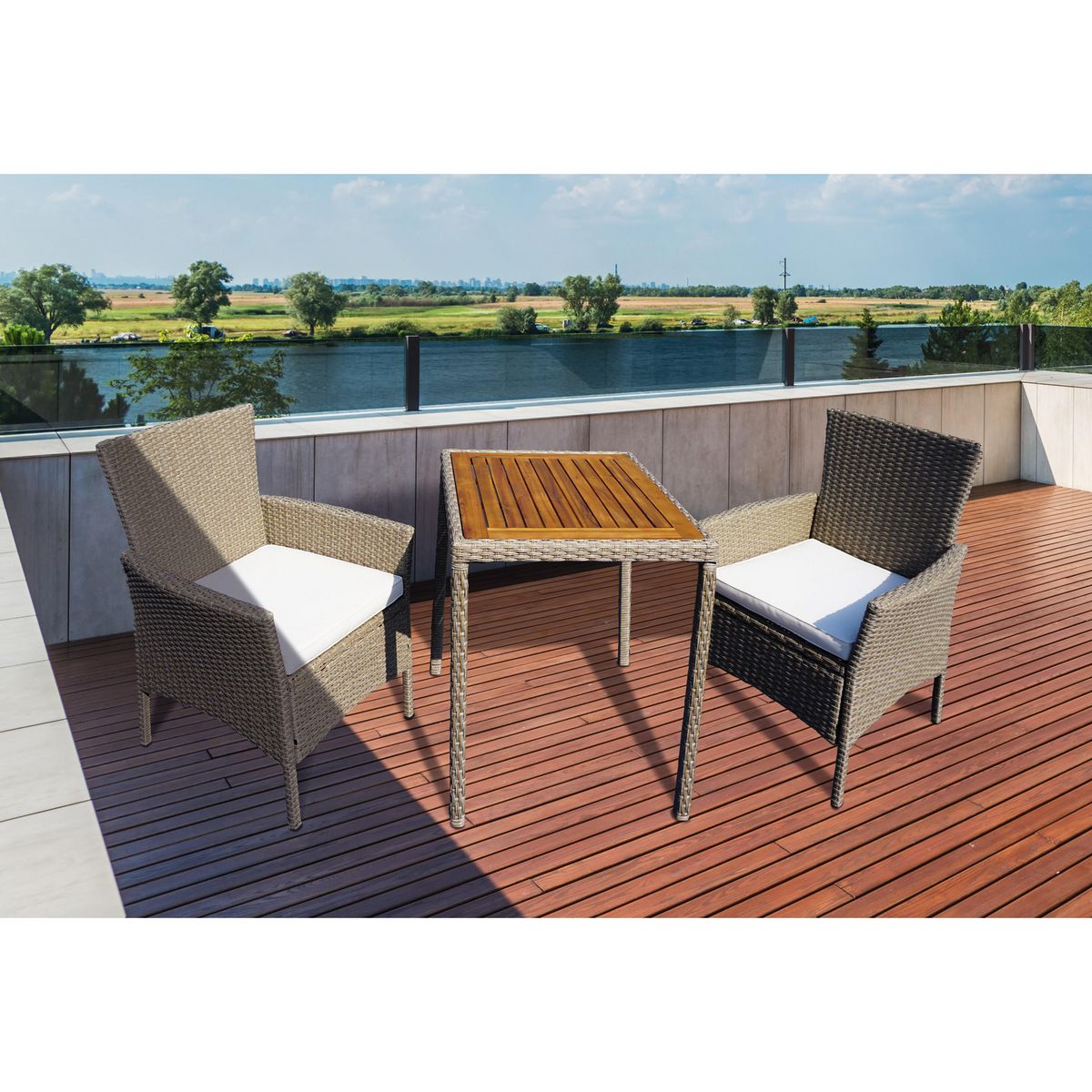 JUST HOME COLLECTION - Juego de Balcón de Ratán Crema/Madera