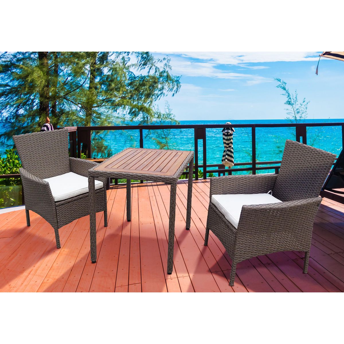 JUST HOME COLLECTION - Juego de Balcón de Ratán Crema/Madera