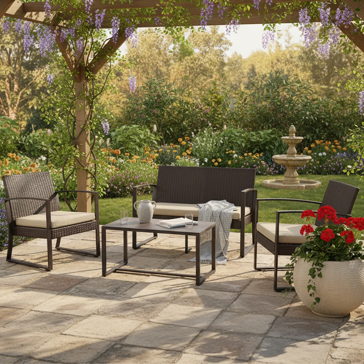 JUST HOME COLLECTION - Juego Living de Terraza Mendoza 4 Personas Marrón