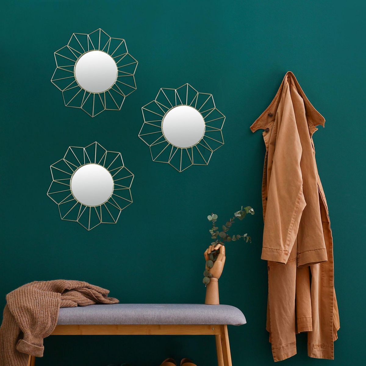 HOMY - Set x3 Espejos Flor 30cm Dorado