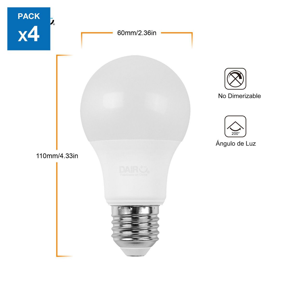 DAIRU - Pack x4 Focos LED A60 E27 7.5W Luz Cálida