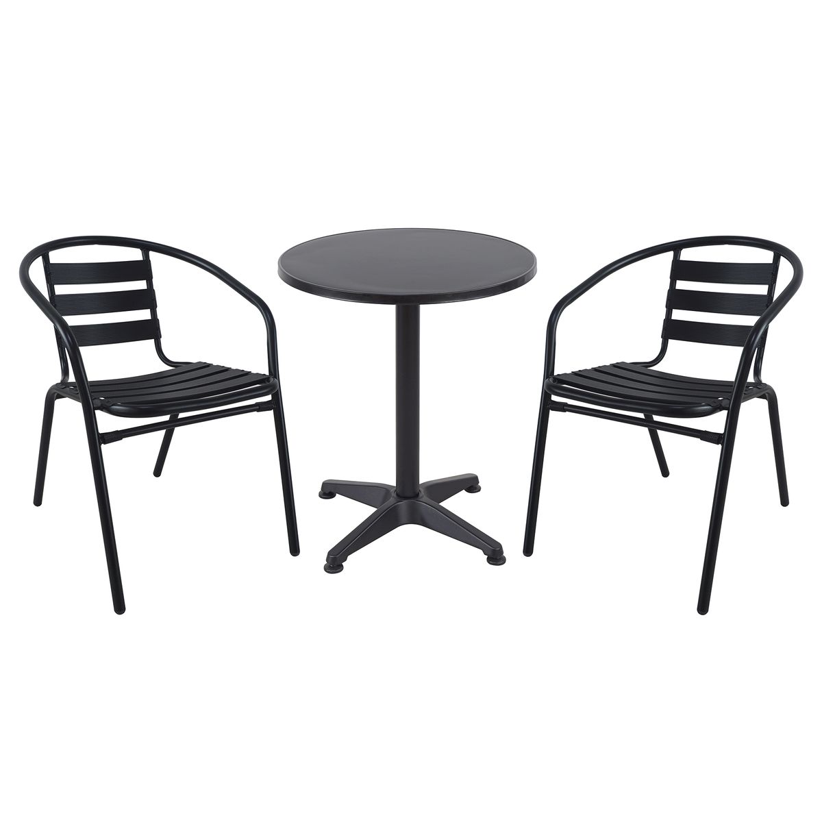 JUST HOME COLLECTION - 02 Sillas Slat Aluminio/Metal Negra + Mesa Redonda 60cm Aluminio Negra