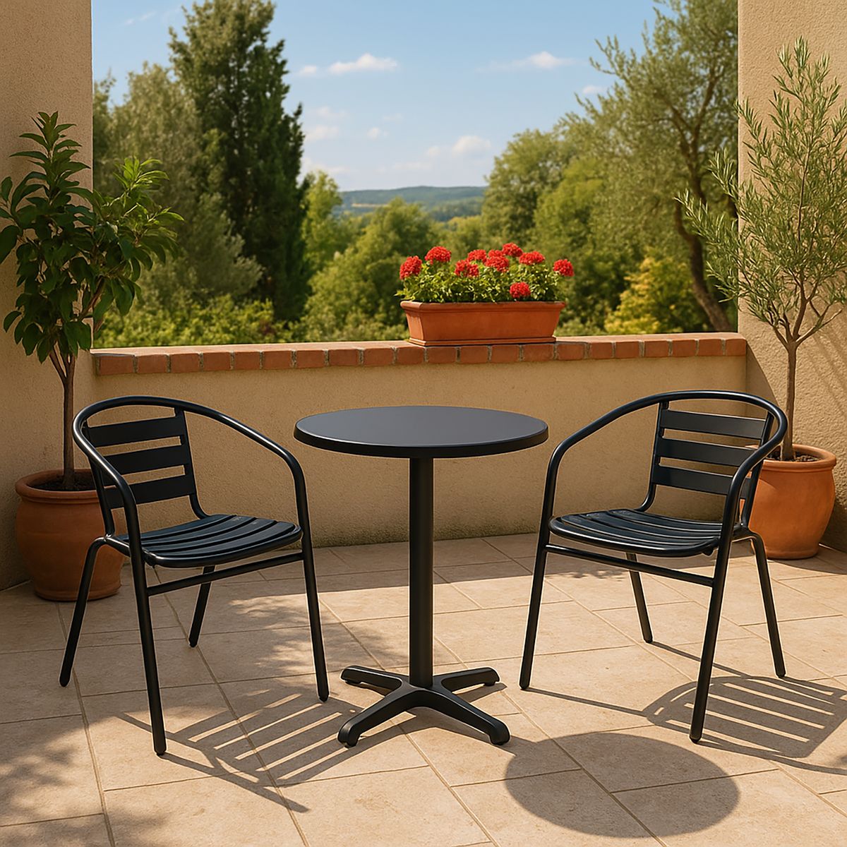 JUST HOME COLLECTION - 02 Sillas Slat Aluminio/Metal Negra + Mesa Redonda 60cm Aluminio Negra