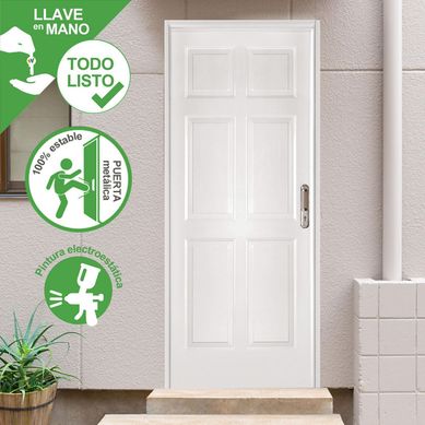Combo Puerta de Acero Principal Presta Plus 6 Paneles Blanca + Marco + Bisagra + Cerradura 80x200 Derecha