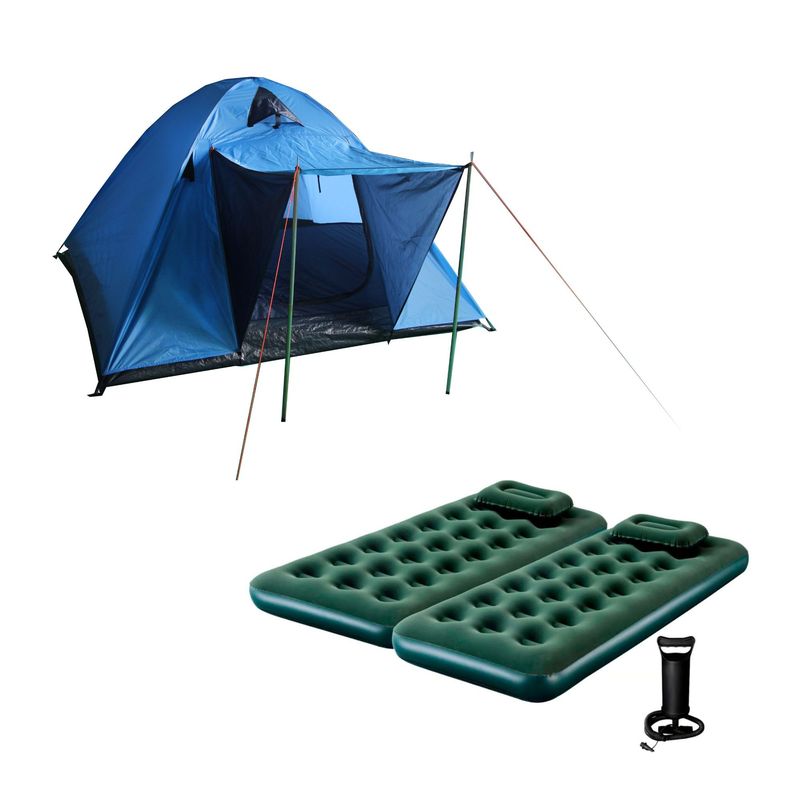 KLIMBER - Carpa Para 4 Personas Modelo Iglú Dome Color Azul + Combo 2 Colchones Inflables 1 Plaza Klimber + 2 Almohadas + Inflador