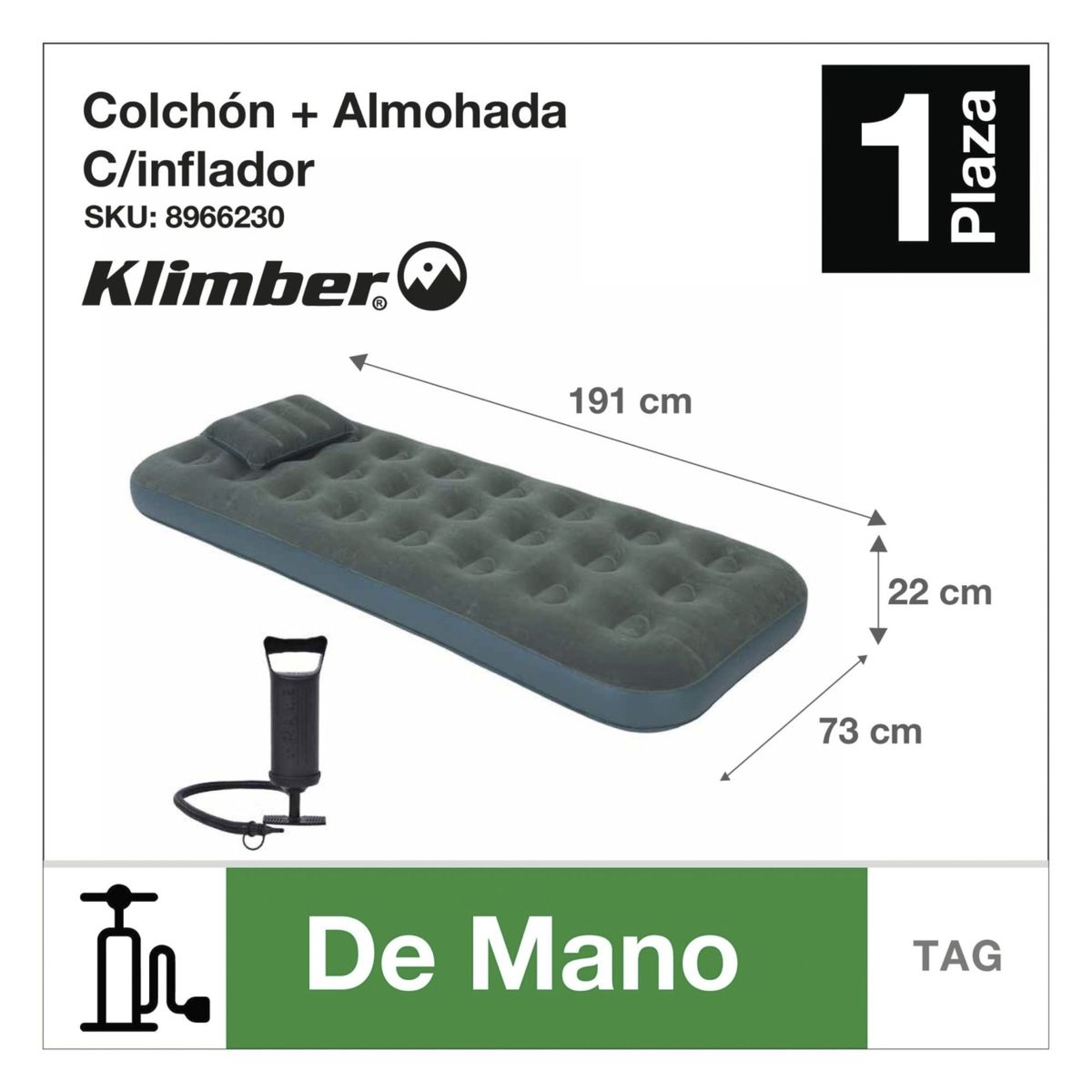 KLIMBER - Combo Colchón Inflable 1 Plaza + Almohada + Bomba Externa