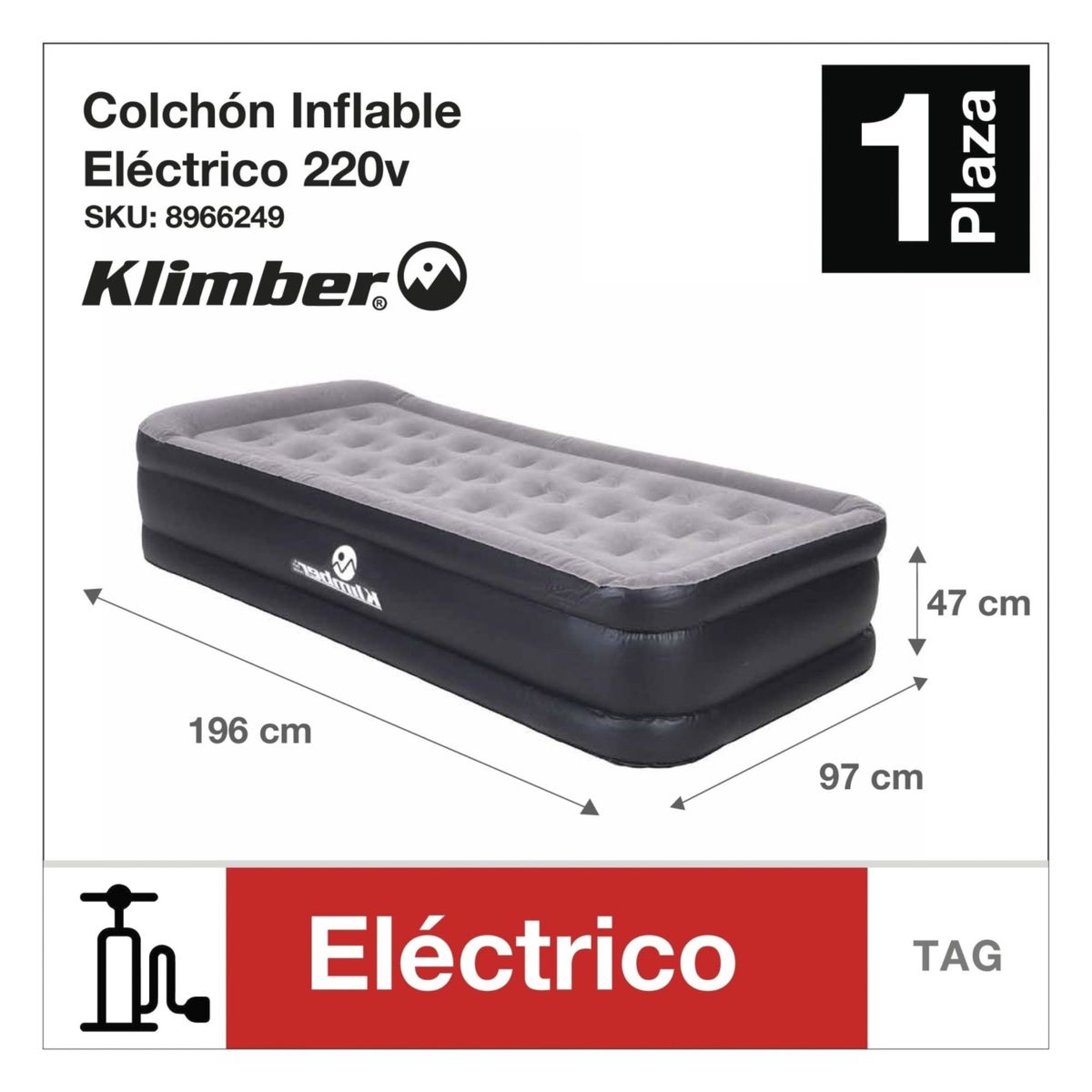 KLIMBER - Colchón Inflable Eléctrico 1 Plaza 220V