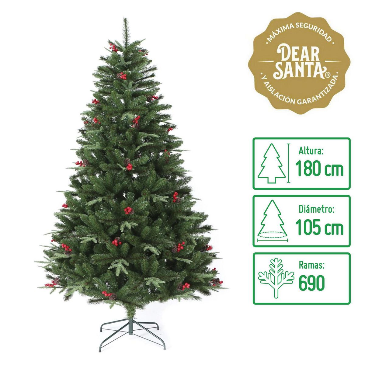 DEAR SANTA - Árbol de Navidad 180cm 690 Ramas Berries Verde