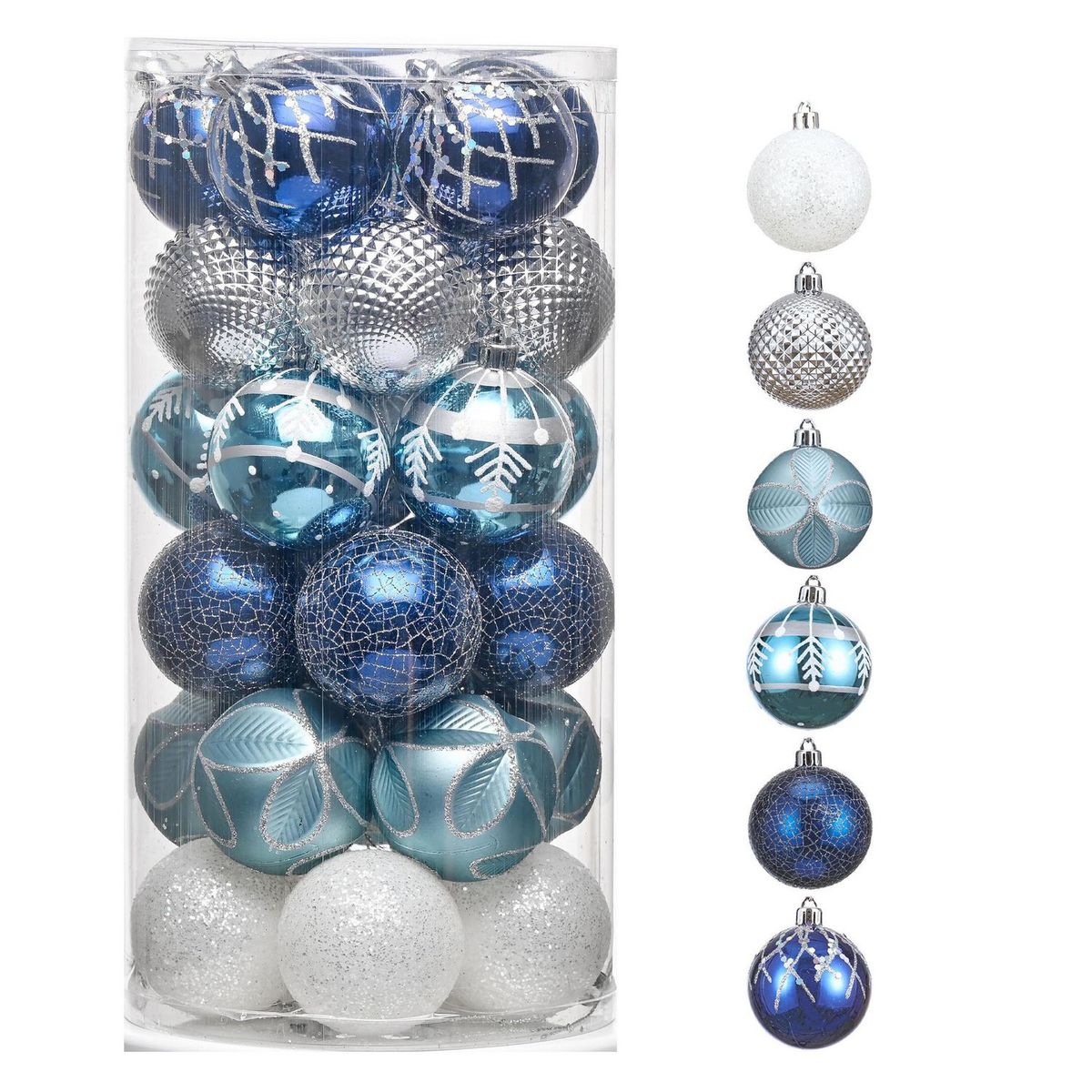 DEAR SANTA - 30 Esferas de Navidad Azul/Blanco/Plateado 6cm