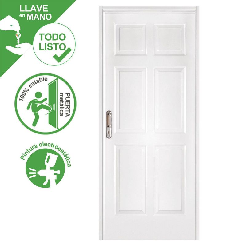 OBLAK - Combo Puerta de Acero Principal Presta Plus 6 Paneles Blanca + Marco + Bisagra + Cerradura 90x200 Derecha