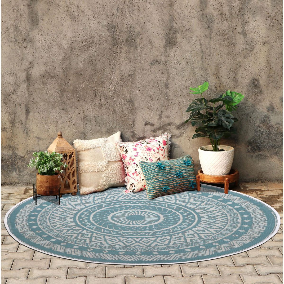 JUST HOME COLLECTION - Alfombra de Terraza Redonda Nordica Turquesa/Blanco 180cm