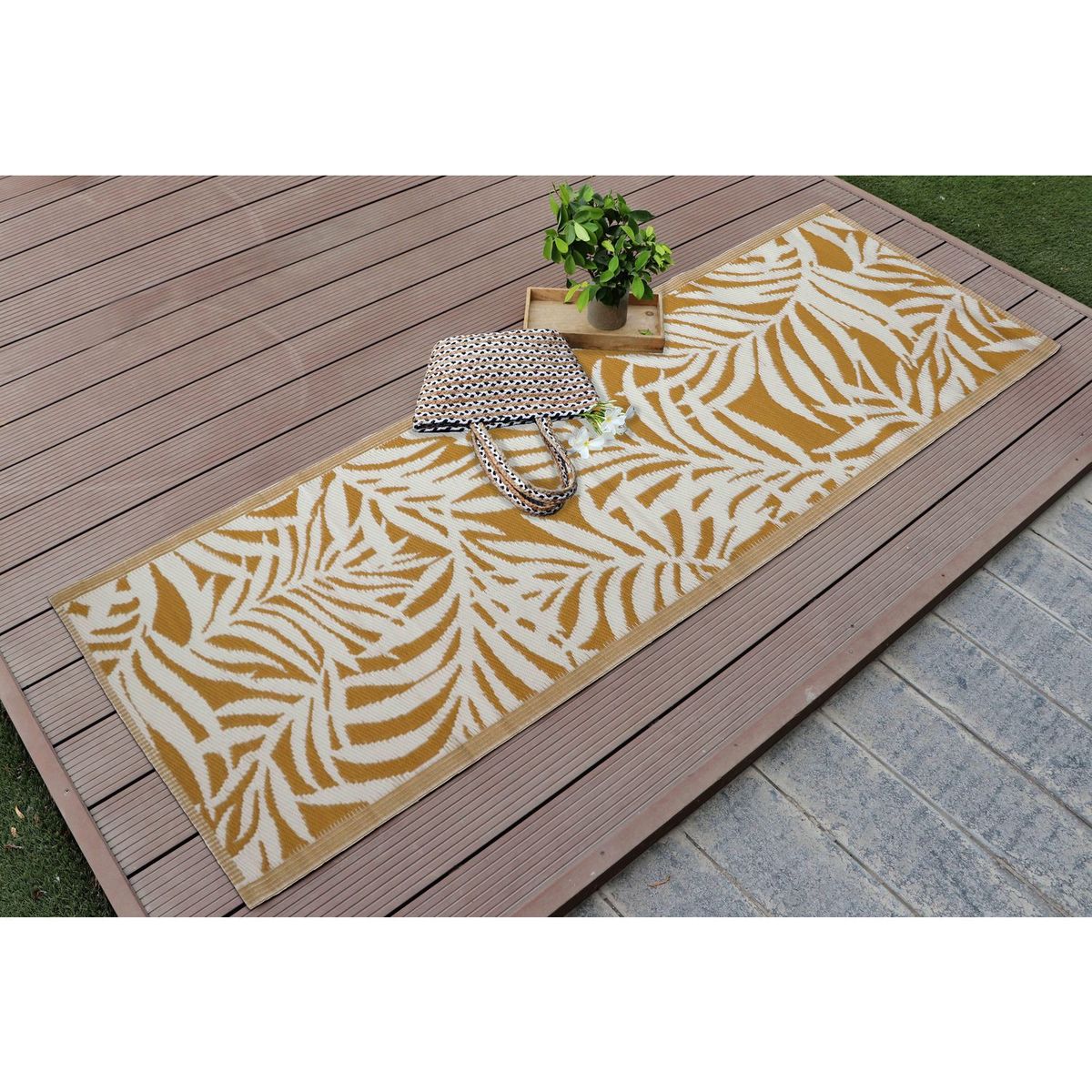 JUST HOME COLLECTION - Alfombra de Terraza Vintage Mostaza/Blanco 230x80cm
