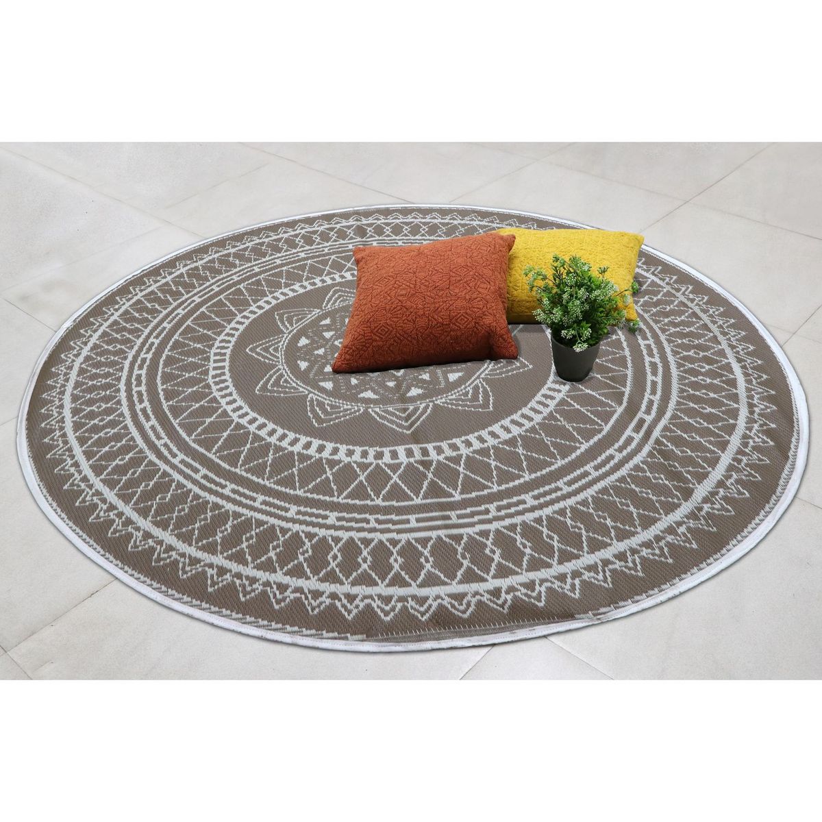 JUST HOME COLLECTION - Alfombra de Terraza Redonda Boho Taupe/Blanco 180cm