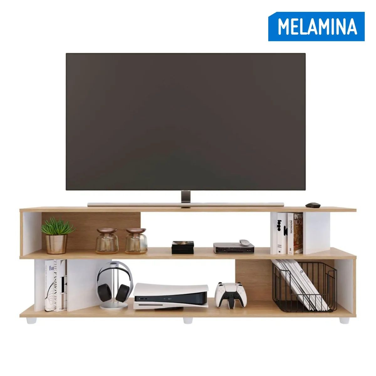 JUST HOME COLLECTION - Mesa de TV 60" Melamina Zag Blanco/Natural