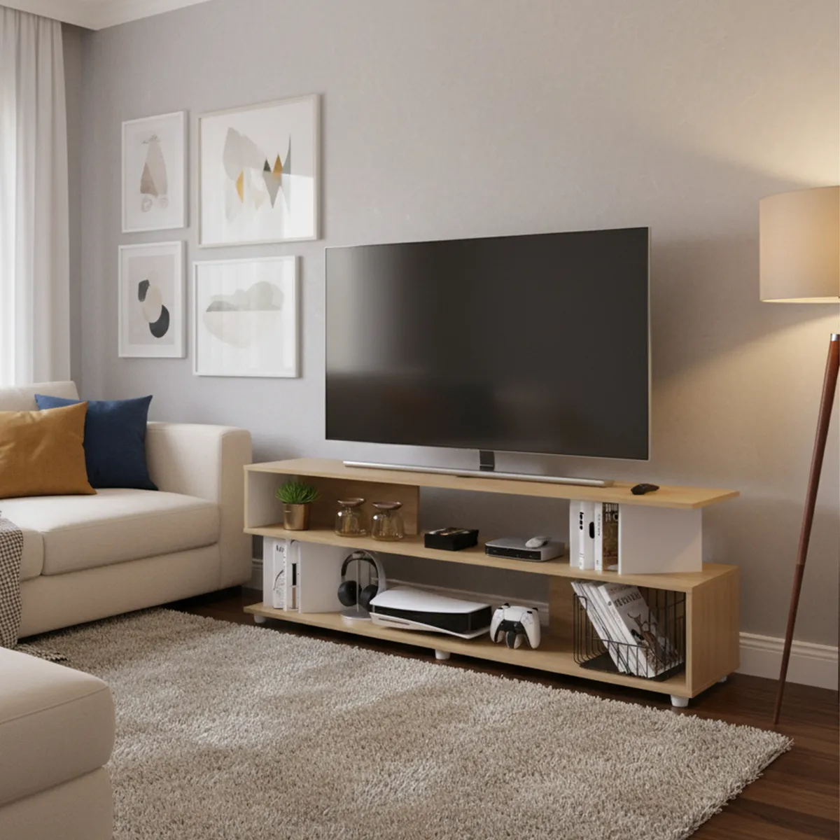 JUST HOME COLLECTION - Mesa de TV 60" Melamina Zag Blanco/Natural