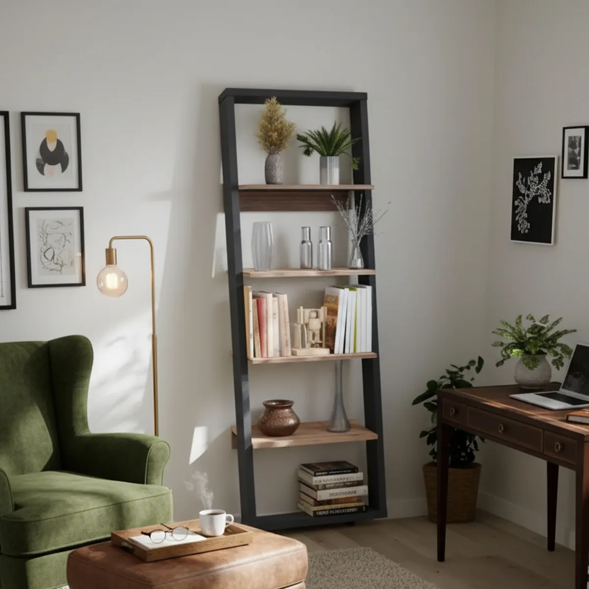 JUST HOME COLLECTION - Biblioteca 4 Repisas Melamina Covalt Negro/Haya