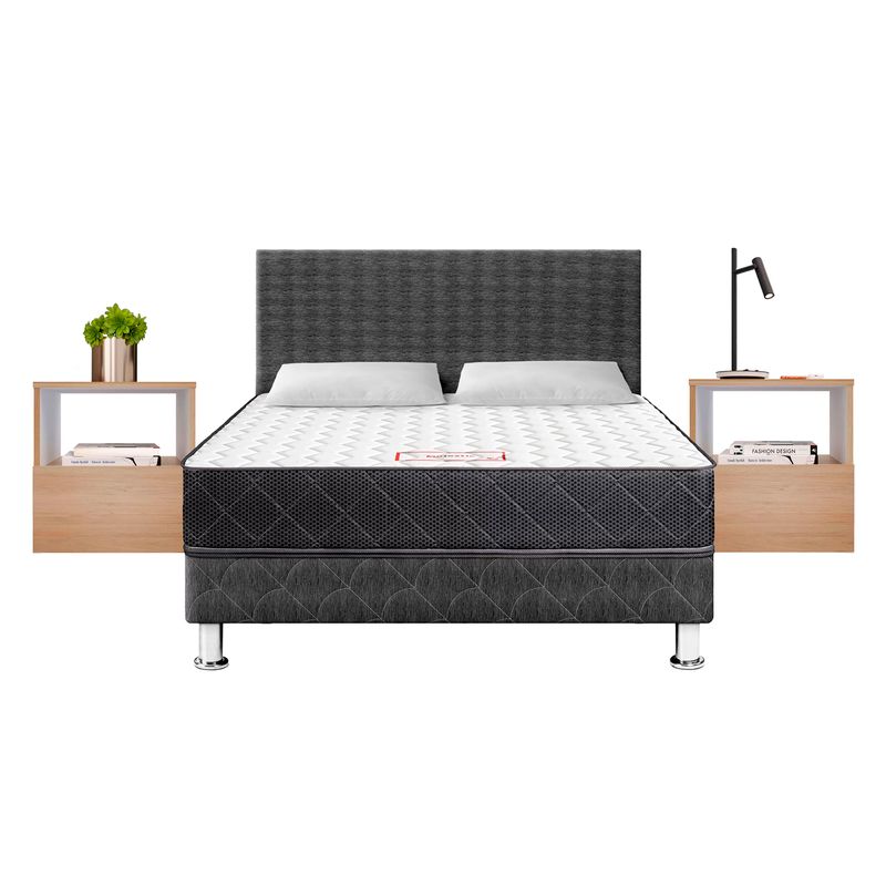  - Dormitorio Paraíso Majestic Gris 2 Plazas + 2 Almohadas + Protector + Set 2 Veladores Melamina Abigail