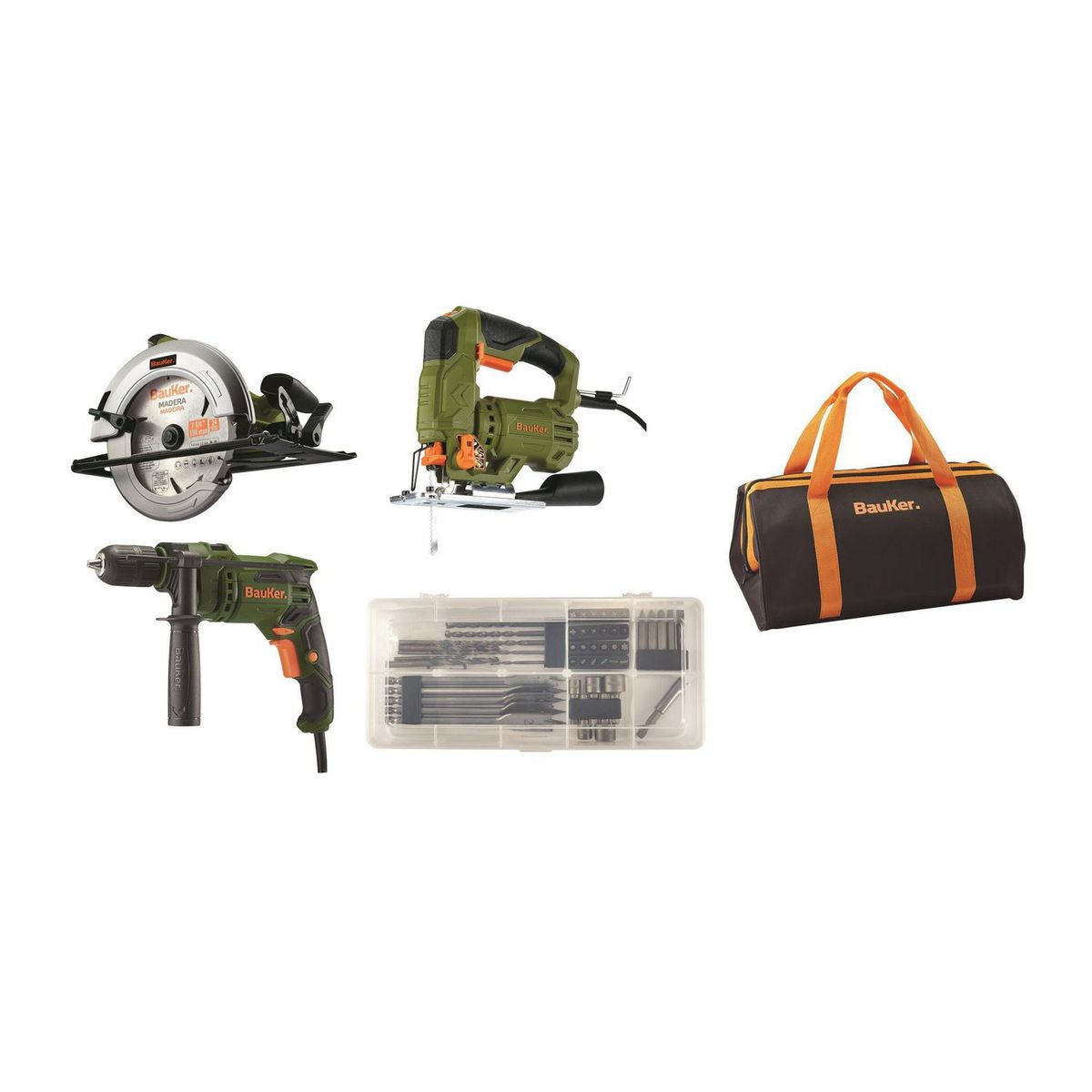 BAUKER - Combo carpintero Bauker: Taladro Percutor Bauker + Sierra Caladora Bauker + Sierra Circular Bauker + Bolso + Set Accesorios