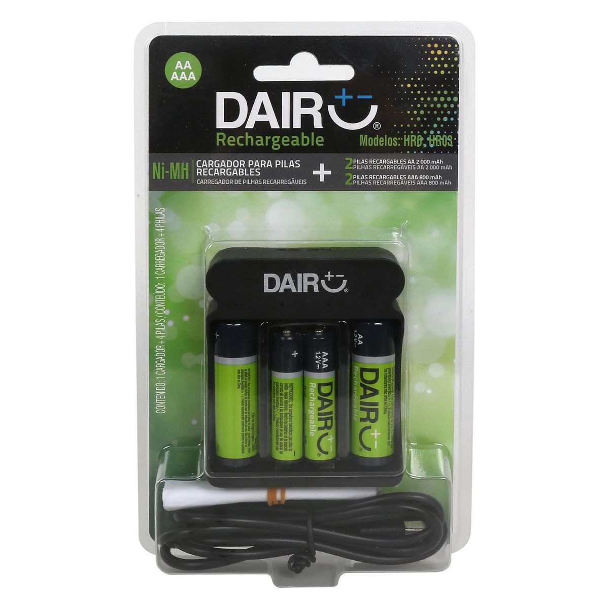 DAIRU - Pack Cargador + 2 Pilas Recargables AA + 2 Pilas Recargables AAA