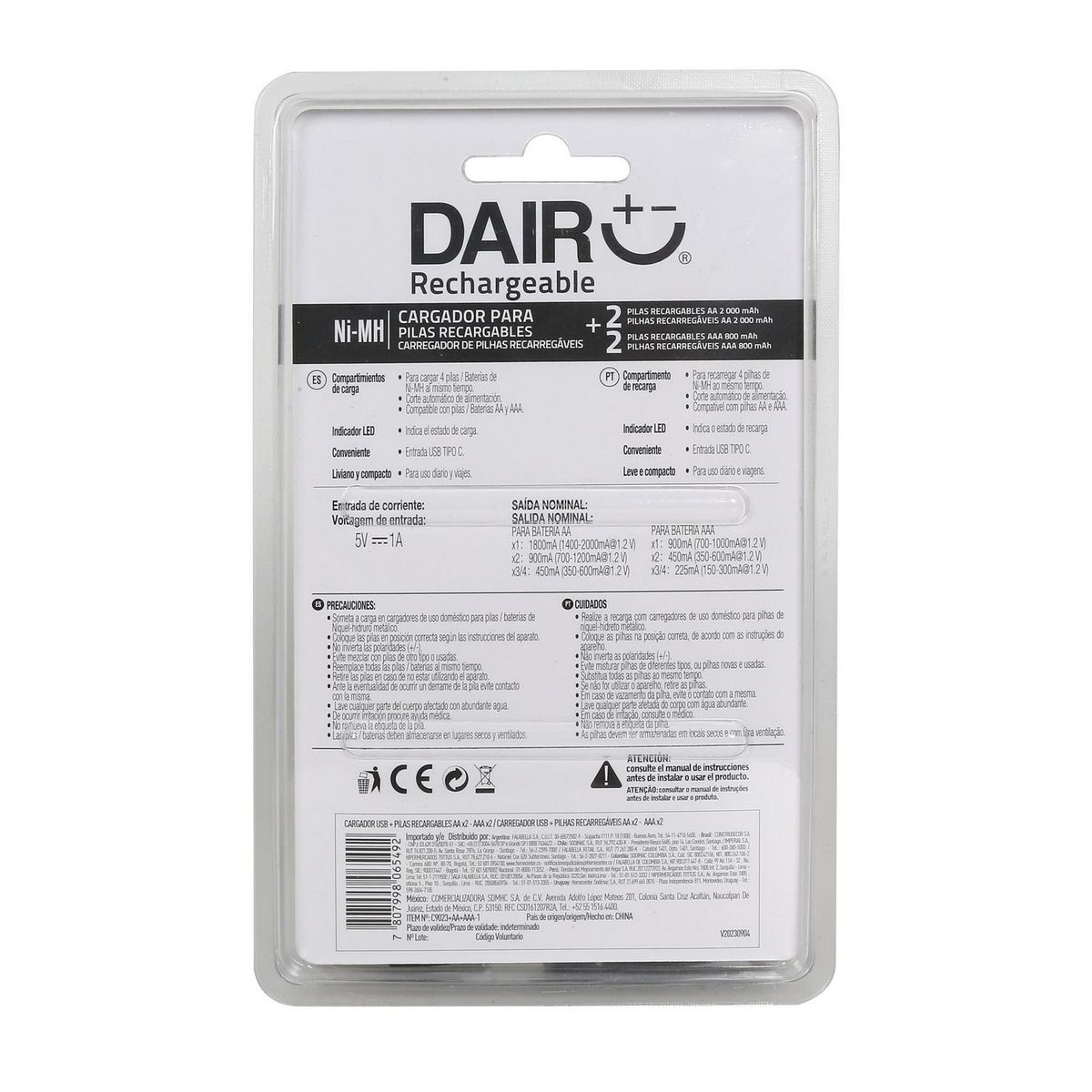 DAIRU - Pack Cargador + 2 Pilas Recargables AA + 2 Pilas Recargables AAA