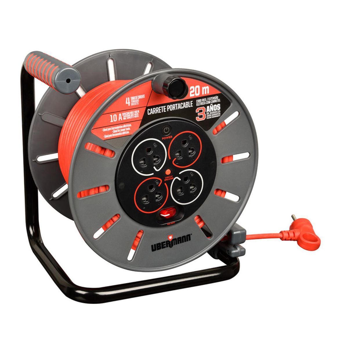 Carrete Profesional 4 Tomas x20 Metros Negro/Rojo, marca UBERMANN - Foto Principal